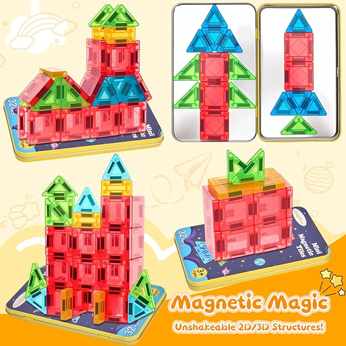 Magnetic Tiles Magnetic Blocks Building Toy: Portable Mini Magnetic Tiles Travel Set 32 Pieces Montessori Toys Birthday Gift for Kids Girls and Boys Ages 3-12 Years Old Preschool Classroom Must Haves