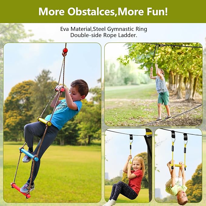 2X65FT Ninja Warrior Obstacle Course for Kids - Ninja Slackline with 14 Obstacles - Ninja Course for Kids with Swing, Ladder,Monkey Bar,Arm Trainer, Climbing Rope