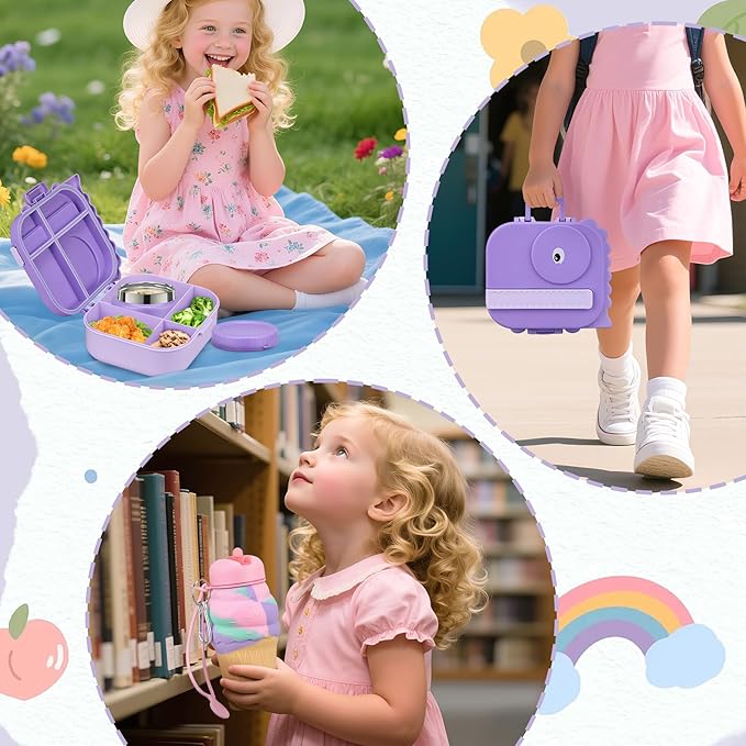 Dinosaur Lunch Box for Kids with Secret Compartment | 4 Compartments Bento Box + 12oz Insulated Food Jar | Leak-Proof Sauce Cup & Collapsible Spoon | BPA-Free, Dishwasher Safe(Green+Green Jar)