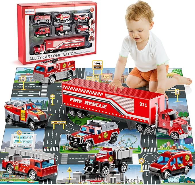 Fire Toys for 3 4 5 6 Years Old Boys Girls Kids, Die Cast Metal Fire Truck Toys W/Play Mat, Rescue Emergency Fire Truck Car Toy, Toddler Car Toy Christmas Birthday Gifts for Boys