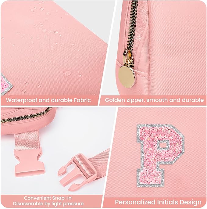 Personalized Belt Bag for Girls Teen Girl,Fashion Waist Packs with Adjustable Strap, Fanny Pack Crossbody Bag w/Initial Letter Patch, Teen Birthday Gifts for Sister Teenager Tween Preteen (Peach, P)