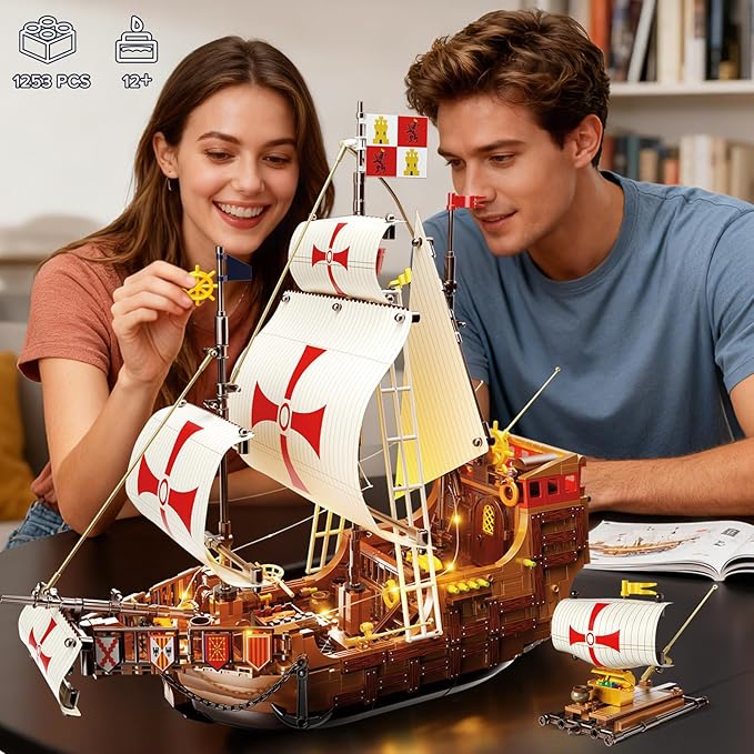 HiWEEGO Santa Maria Ship Building Set with LED Lights, 2 in 1 Pirate Ship House Wharf Building Block Kit, 1253 PCS Adventure Merchant Ship Model Building Toy Gift for Adults Teens Boys Girls Ages 12+