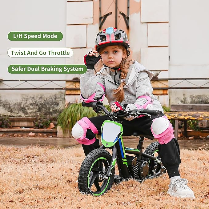 Lightweight Electric Dirt Bike for Kids,170W Racing Motorcycle for Ages 3-6, Detachable Battery, Adjustable Seat, Safe Speeds Up to 10 MPH, Mini Motocross Bike 12" Off Road Tires, Green