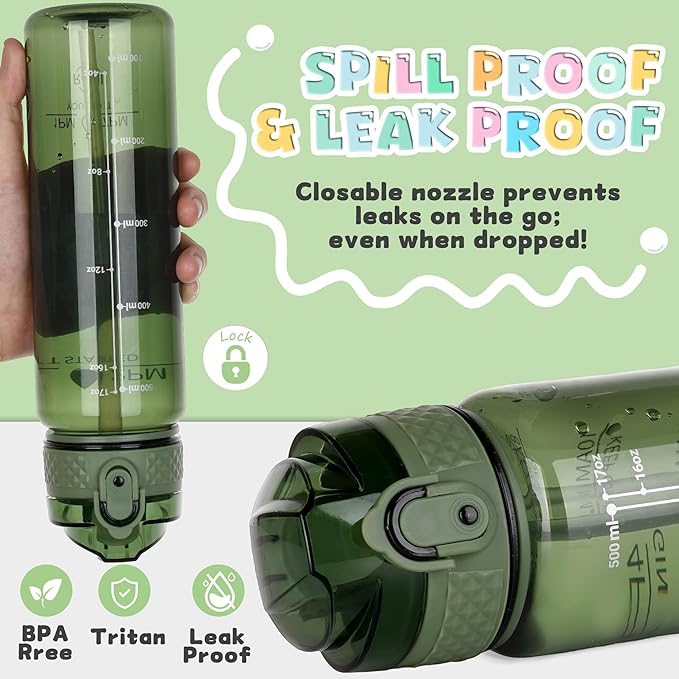 OLDLEY 17oz Kids Water Bottle for school Girls Boys, Motivational Water Bottles With Silicone Straw, Leak-Proof Tritan BPA-Free, Reusable water bottles for kids, Jade
