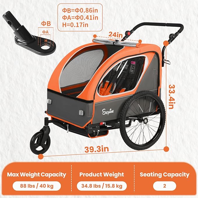 Sepnine Kids Bike Trailer, 2 in1 Canopy Carrier Converts to Pushcart Suitable for 1 to 2 Toddlers, Kids, Quick Attach to Bike, Foldable, with 5-Point Harness and Storage Bags