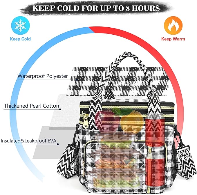 LOKASS Lunch Box for Women-16L-Insulated Lunch Bag Women, Expandable Double-layer Leakproof Cooler Bag with Upgrade Adjustable Shoulder Strap Ideal for Work/Travel/Picnics（Black&White Check）