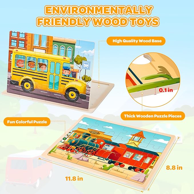 Puzzles for Kids Ages 4-6, 4 Packs 24 Pcs Wooden Jigsaw Puzzles for Toddlers Ages 2-4, Preschool Educational Vehicle Puzzle Toys Gifts for 3 4 5 6 Boys Girls