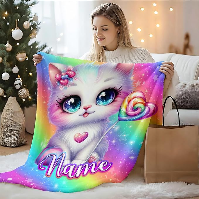 Cat Gift Custom Throw Blankets for Kids Girls Cat Lovers - 40x50 Inches Small Soft Fuzzy Cute Stuff Gifts Ideas Accessories Decor Personalized Throw Gifts for Travel Camping Couch Office