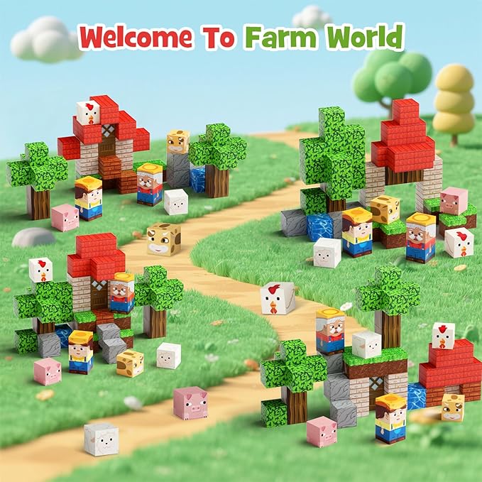 49 Pcs Farm Animals Magnetic Building Blocks Set for Toddlers 3-5, Travel Toys with Iron Storage Box, Magnetic Tiles & Cubes for Kids Ages 4-8, STEM Learning, Portable Play Base for Car Plane Trips