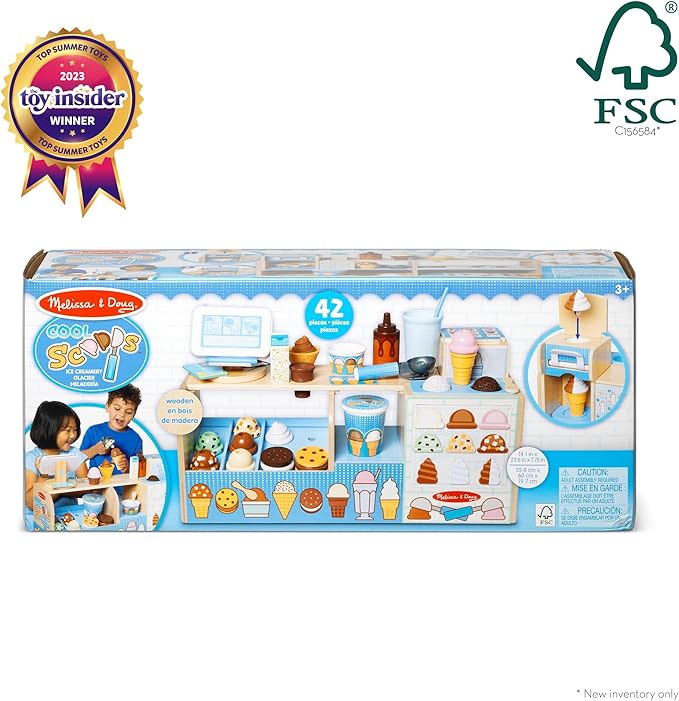 Melissa & Doug Cool Scoops Ice Creamery, Wooden Ice Cream Shop & Counter with Play Food & Play Kitchen Accessories, Preschool Learning Toys for Girls & Boys 3+ - FSC Certified