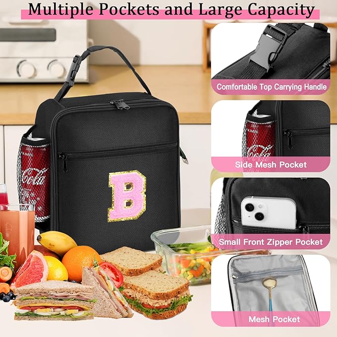 Initial Insulated Lunch Bag, Lunch Box with Initial Letter Patch for Teen Adult, Reusable Lunch Bag for Men Women, Ideal Back to School Gift Birthday Gift, Pink B