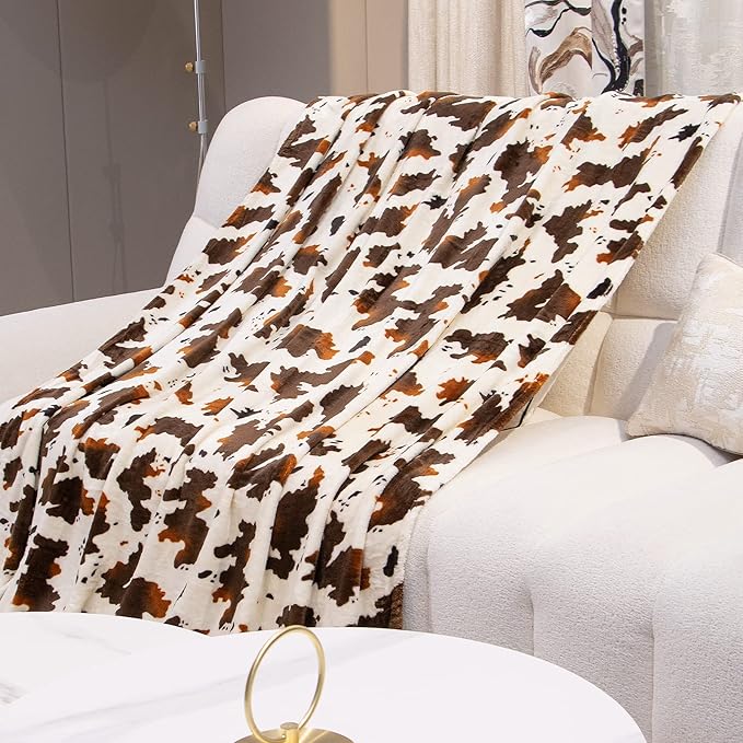 GEULAY Cow Print Fleece Blanket - Brown White Plush Throw, Lightweight Bed Couch Decor, Cute Cow Gifts for Women, Girls, Teens 50"x60"