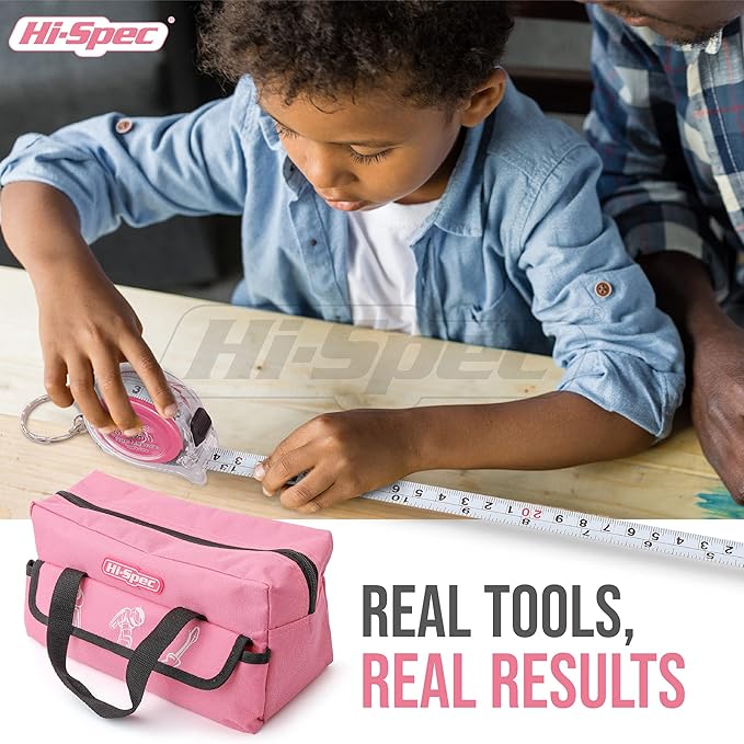 Hi-Spec 18pc Pink Kids Tool Kit Set & Child Size Tool Bag. Real Kit for DIY Building, Woodwork & Construction