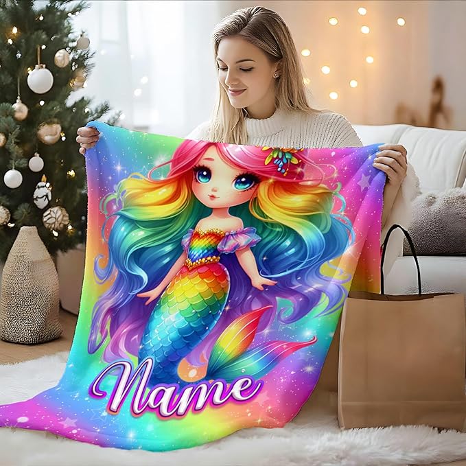 Girls Blanket Personalized Mermaid Throw Blankets Gift for Kids Teens Age 8-12, 50x60 Inches Comfy Soft Custom Flannel Throw for Couch Bedroom Living Room Decor Cute Stuff Gifts Ideas