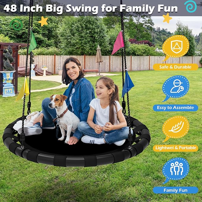 Saucer Swing, 48 Inch Larger Swing Sets for Backyard and Outdoor Playground, 900lbs Weight Capacity, with 360 Degree Swivel, Gifts for Kids and Family, Black