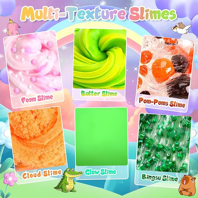 Capybara Slime Kit, 20oz Total, Slime Sensory Stress Relief Kit Includes 6 Different Texture Slimes, Glow in The Dark Slime with Cute Add-ins, ASMR, Perfect Slime Kit for Girls Ages 8-12