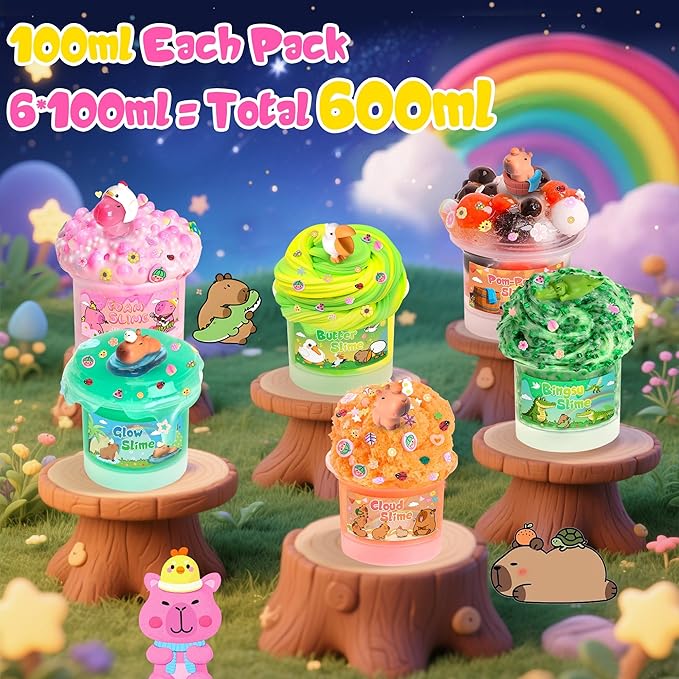 Capybara Slime Kit, 20oz Total, Slime Sensory Stress Relief Kit Includes 6 Different Texture Slimes, Glow in The Dark Slime with Cute Add-ins, ASMR, Perfect Slime Kit for Girls Ages 8-12