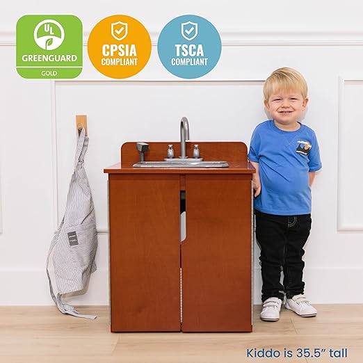 ECR4Kids Play Kitchen Sink, Wooden Playset, Dark Walnut