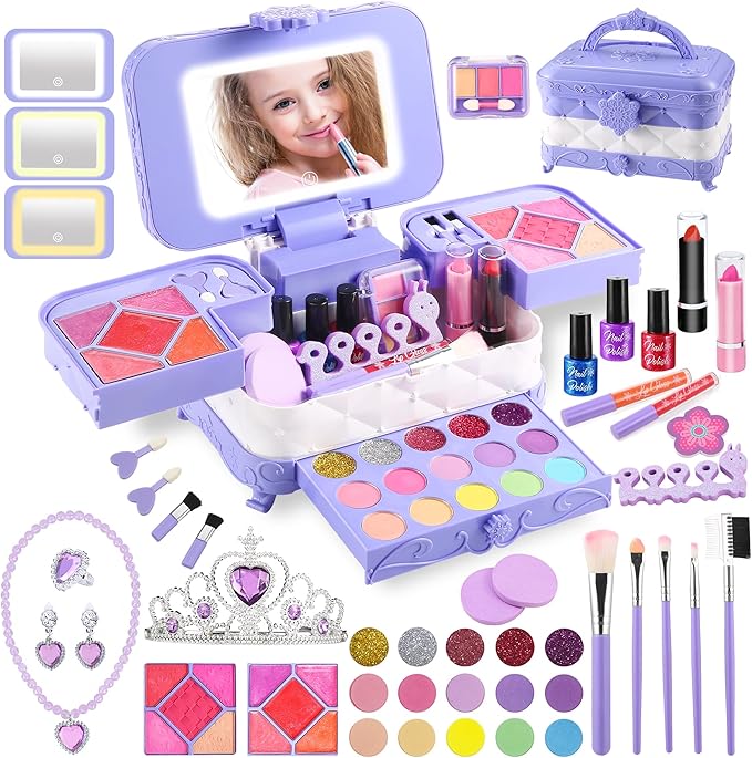 59 in 1 Kids Makeup Kit, with 3-Color Led Makeup Mirror Real Washable Kid Makeup Set for Girls, Perfect Girl Birthday Gift, Age 3+