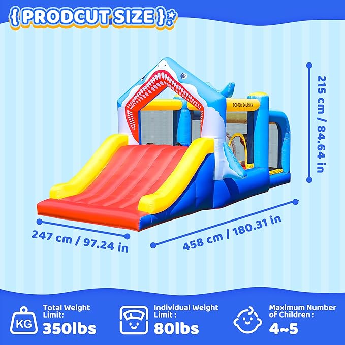 Bounce House Toddler Ball Pit Inflatable Slide Bouncer Jumper Shark Bouncy Castle Park for Kids 2-12 Indoor or Outdoor, Wet and Dry