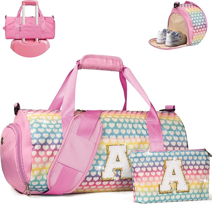 Stocking Stuffers-Gifts for Teenager, Girls Travel Duffel Bag, Kids Overnight Bags with Shoe Compartment, Personalized Weekender Bag with Makeup Pouch, Teen Girl Trendy Stuff (Letter A)