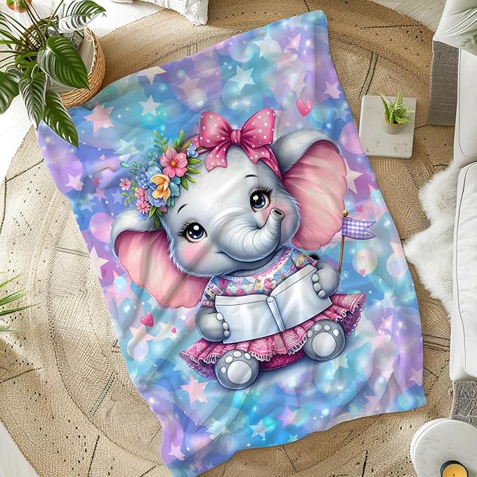 Kids Blanket for Girls Elephant Blankets Elephant Theme Gift, Cute Cozy Soft 60 x 50 Inches Flannel Throws for Bed Travel Sofa Living Room Decor