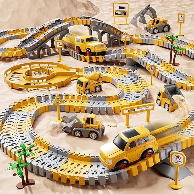 iHaHa Toddlers Construction Race Tracks Toys Gifts for 3 4 5 6 Years Old Boys Kids, 2PCS Electric Race Cars & 4 Pcs Construction Trucks, Birthday Gift Toys for Boys 2 3 4 5 6+