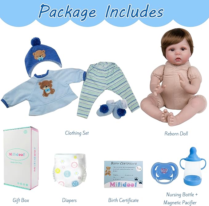 Milidool Lifelike Reborn Baby Dolls -22 Inch Realistic Newborn Soft Body Boy Baby Doll Real Life Baby Dolls with Gift Box Complete Accessories Kids Age 3+ Gifts, Pretend Play, Collection