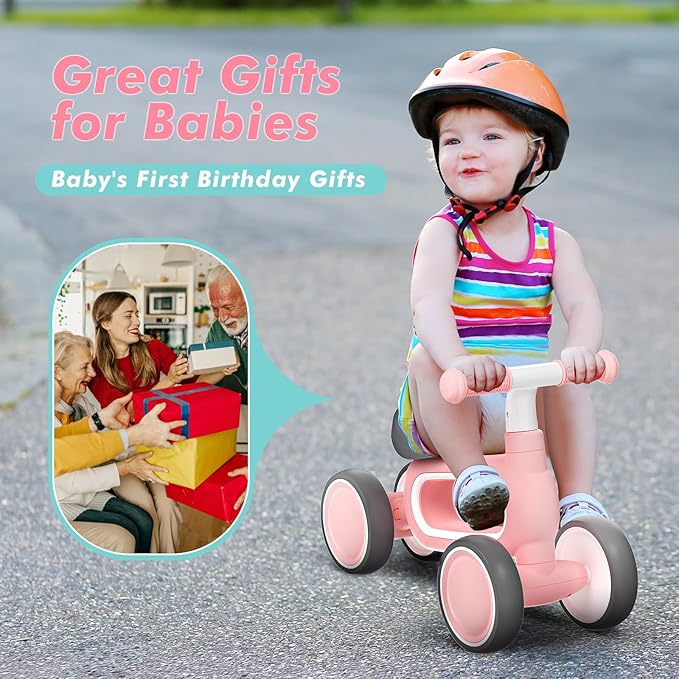 Baby Balance Bike for 1 Year Old Girls Gifts, 10-12 Months No Pedal Toddler Balance Bike with 4 Silence Wheels, 1st Birthday Gift, Ride On Toys for Boys Girls 1 Years Old, Pink