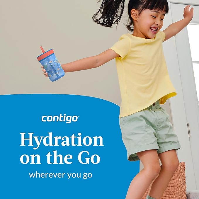 Contigo Kids’ Leighton Straw Tumbler with Spill-Proof Leak-Proof Lid 14oz Blue Poppy/Narwhals