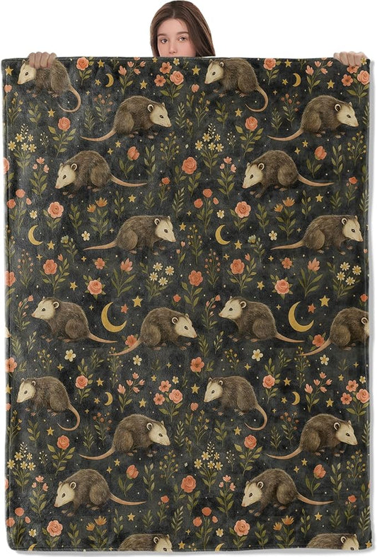 Cute Opossum Blanket,Possum with Moon and Floral Fleece Blankets,Soft Warm Decorative Throw for Bedroom,Living Room,Travel,Camping,Practical Throws Gifts for Kids Animal Lovers,50X60 Inch