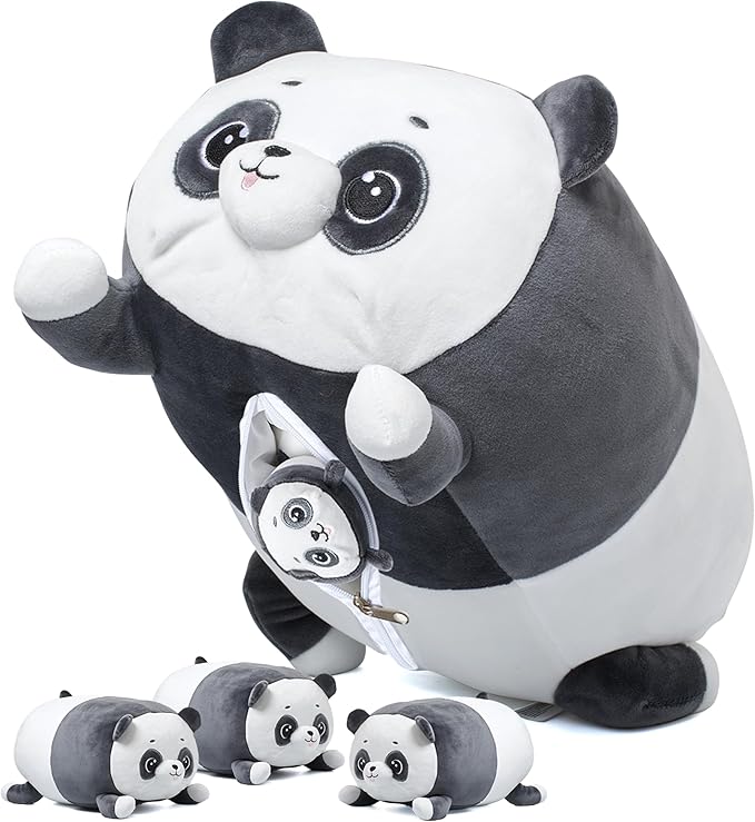 PixieCrush Panda with Puppies Plush Toy Set - Super Soft Plush Material - Includes Mommy Panda with 4 Removable Puppies - Black White - Perfect Toy for Girls