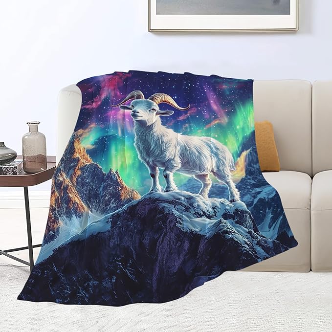 Goat Blanket Aurora Mountain Goat Animal Lover Throw Blankets Gifts for Girls Boys Kids Soft Cozy Fleece Plush for Couch Sofa Bed 80"x60"