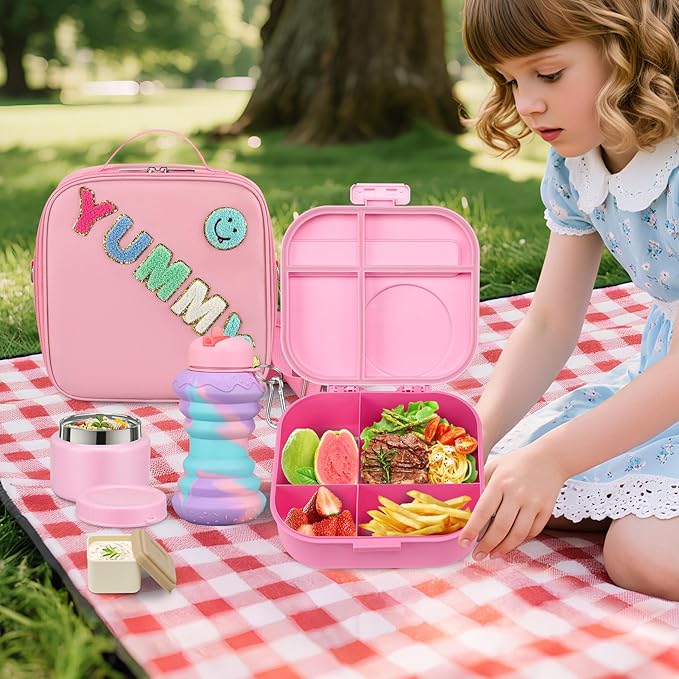 Kids Bento Lunch Box with 12oz Soup Thermo, Kids Leakproof Lunch Food Container with 4 Compartments, Insulated Lunch Bag & Water Cup for Girls Boys to School Travel