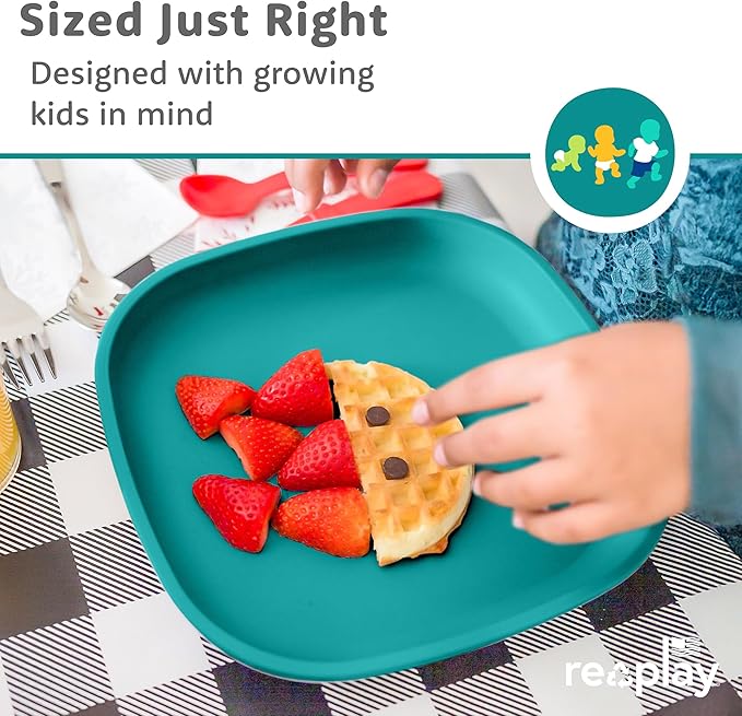 Re-Play Toddler Plates - 22 Oz. Deep-Walled Flat Kids Plates - Dishwasher & Microwave Safe - Made in USA - Set of 4-7.37" x 7.37" x 1.25" - A True Blue