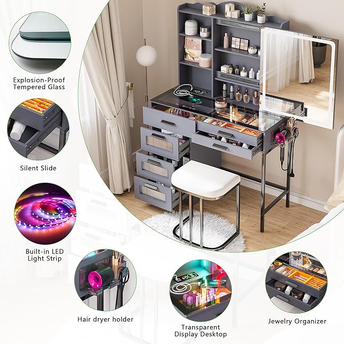 HENBC Vanity Desk with Sliding Mirror and Glass Desktop, LED Vanitys Mirror with RGB Lights Desk and Chair, Dressers Table Set with Charging Station/Makeup Organizer/6 Drawers for Bedroom(Grey)