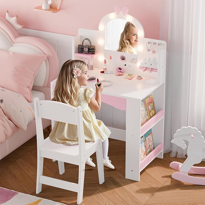 MU Kids Vanity with Lights, Princess Makeup Vanity Table and Chair Set for Girls, Toddler Vanity Desk with Open Bookshelf, Storage Cabinet & Shelves, Stools, White