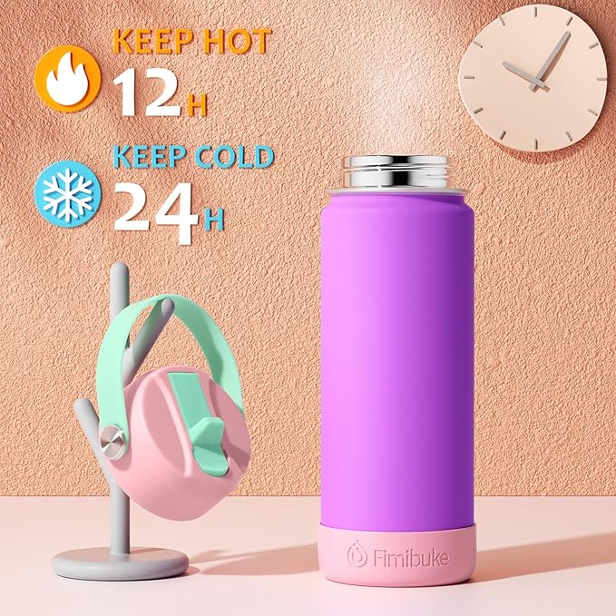 Fimibuke Kids Insulated Water Bottle, 18oz BPA FREE 18/8 Stainless Steel Kids Cup with Straw Travel Tumbler Double Wall Vacuum Leak Proof Toddler Water Bottle for School Boys Girls(1 Pack, Amethyst)