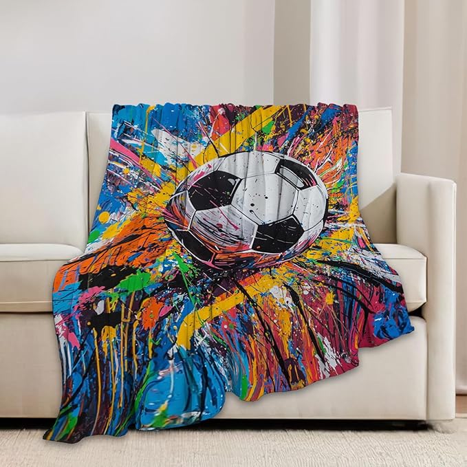 Graffiti Soccer Blanket Banksy Sport Throw Blankets Gifts for Girls Boys Kids Soccer Lover Soft Cozy Fleece Plush for Couch Sofa Bed 50"x40"