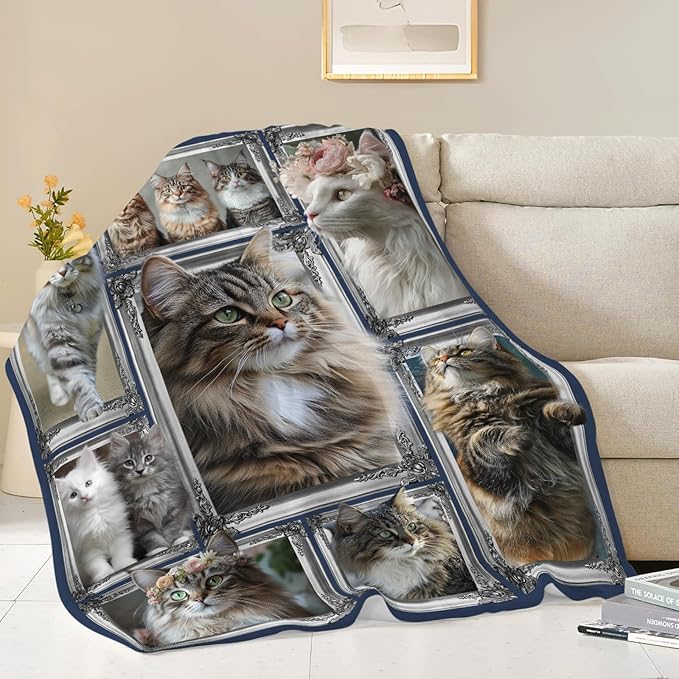 Maine Coon Cat Blanket Cute Kitten Throw Blankets Gifts for Girls Boys Kids Cat Lover Soft Cozy Fleece Plush for Couch Sofa Bed 60"x50"