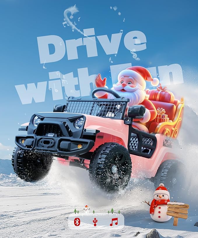 ELEMARA 12V Ride on Toys, Electric Vehicles for Kids w/3 Speeds, 3.5 mph Max, Ride on Car with Remote Control, Motorized Truck, Toddler Electric Car w/Bluetooth, LED Lights,Shock Absorbers-Light Pink