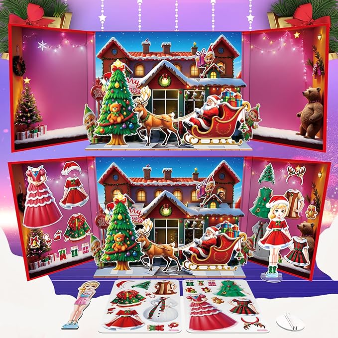 Christmas Magnetic Dress Up Dolls for Girls, Santa's Helper & Elf Princess Dress Up Toy Set with 3D Winter Scene, Travel Christmas Activity, Perfect Holiday Birthday Gift for Toddler Girls Ages 3-7
