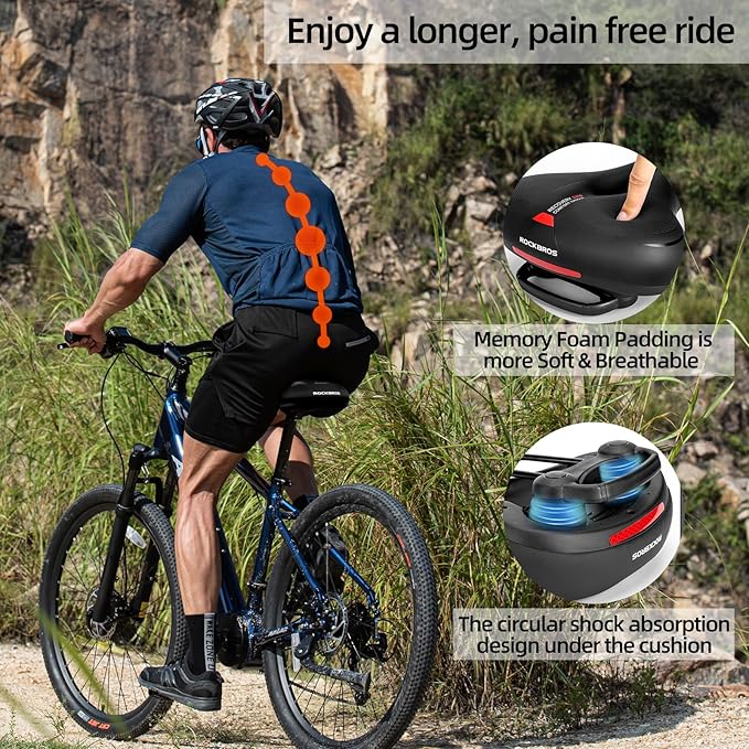 ROCKBROS Bike Seat Cushion for Men Women with Handle & Dual Shock Absorbing Ball Memory Foam - 3 Zone Concept Bike Saddle, Soft Wide Waterproof Mountain Bicycle Accessories
