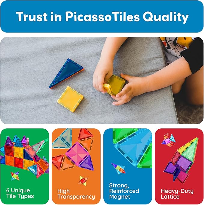 PicassoTiles 120pcs Mini Size Magnetic Tiles Magnet Toys Diamond Series Sensory Construction Building Blocks Set STEM Learning Travel Size Educational Toy for Kids Boys Girls Toddlers Age 3+ PTM120