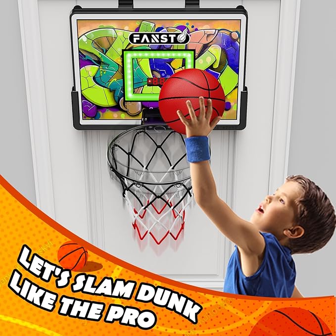 Over The Door Basketball Hoop, Basketballs Hoops Indoor for Kids with LED Cheering, Anti-Impact, 2 Game Mode& Mute Mode, Mini Hoops Door Slam Toy with 4 Ball for 5 6 7 8 9 10 11 12 Old Boys