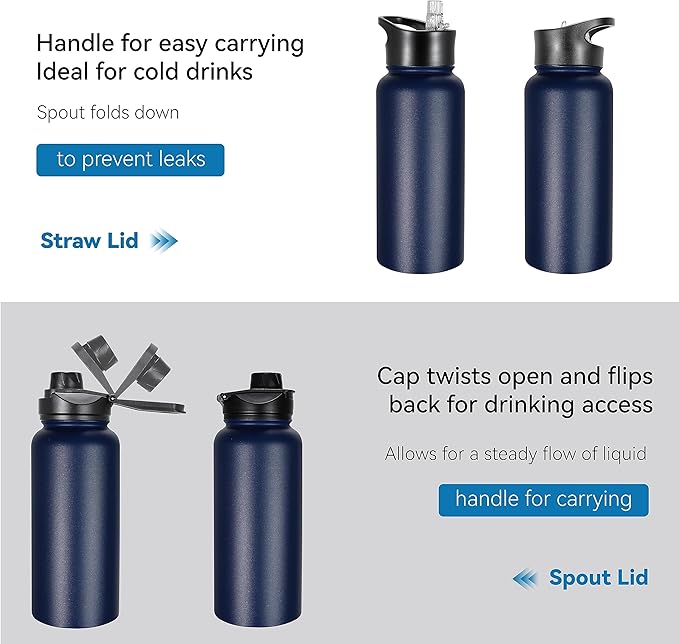 VEGOND 32 oz Insulated Water Bottle Bulk Stainless Steel Metal Water Bottles with Leak Proof Straw Lid & Spout Lid, Wide Mouth Double Walled Vacuum Travel Sports Bottle, 4 Pack