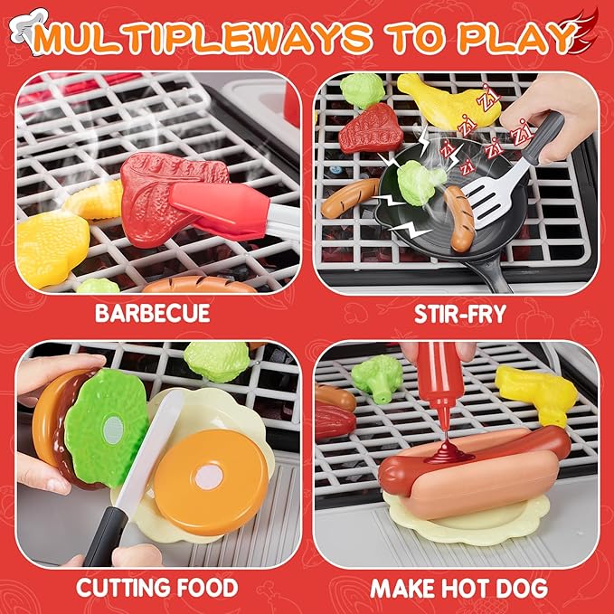 Kids Play Kitchen Toys, Kids BBQ Grill Kitchen Playset with Smoke, Sound & Light, Play Food Toys Cooking Set, 2-Layer Barbecue Outdoor Play Grill Toy Gift for Toddler Boys Girls 3-5