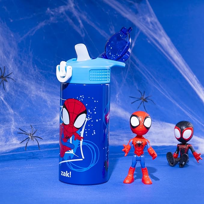 Zak Designs Marvel Spider-Man Sage Kids Water Bottle For School or Travel, 14oz Stainless Steel Water Bottle With Straw, Handle, and Leak-Proof, Pop-Up Spout Cover (Spidey and His Amazing Friends)