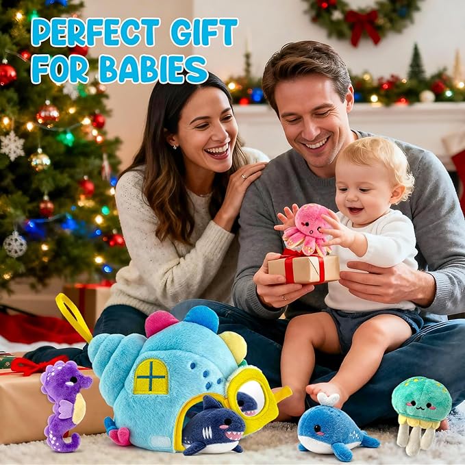 pamexin Baby Toys 6-12 Months, Ocean Stuffed Animals Set with 1 Conch House and 5 Sea Creatures, Rattle, Lanyard, Mirror, Montessori Toys for 6+ Month Old, Gifts for Babies Grandkids