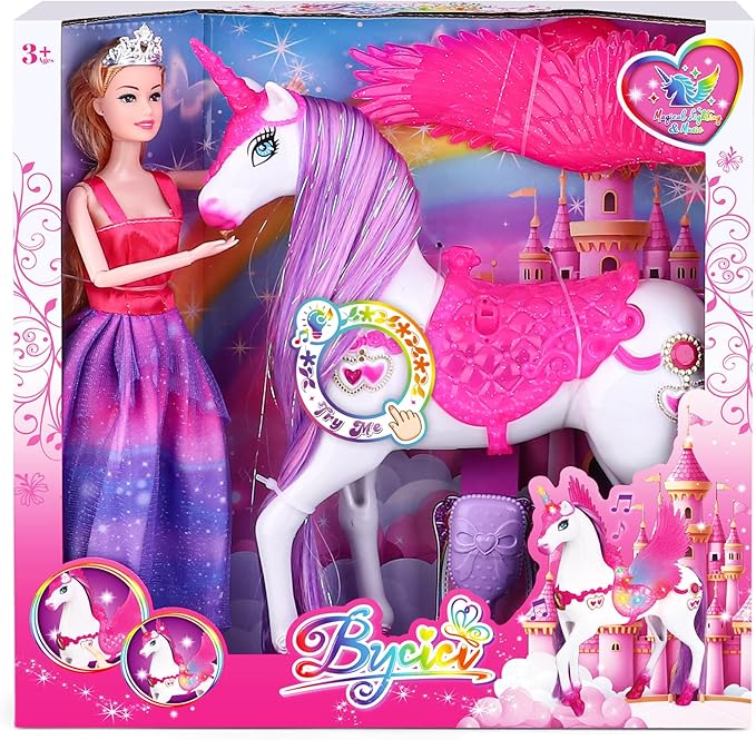 Magic Light Unicorn & Princess Doll, Unicorn Toys for Girls 3-6, Christmas Birthday Gifts for Kids Girls Aged 3 4 5 6 7 8